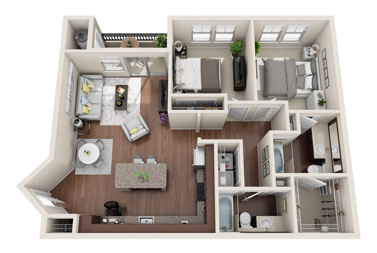 Floor plan for 2 beds, 2 baths, 1080 sqft